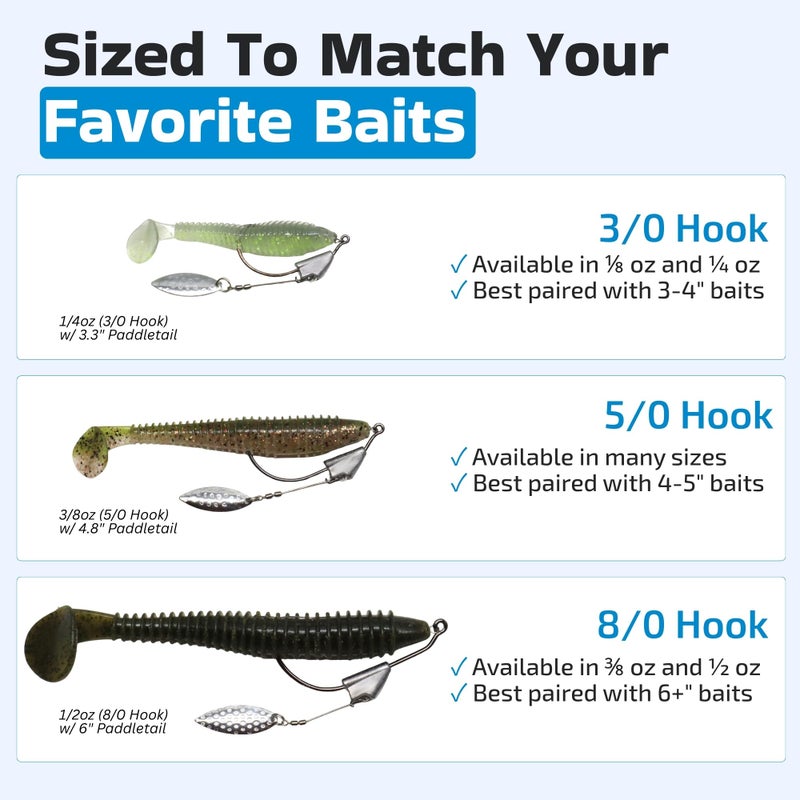 Harmony Fishing Company Harmony Fishing - Razor Series Underspin Swimbait Hooks (4 Pack w/ 5 Bait Pegs) - Swimmer Hooks with Flashy Willow Spinner Blades (1/2 oz, 5/0 Hook) - Image 4